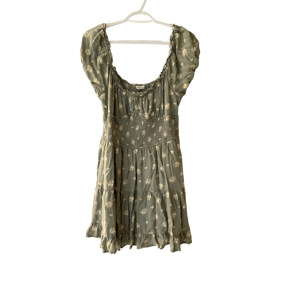 Aeropostale Womens Sage Green Floral Smocked Mini Dress Puff Sleeve XL 2476AS25